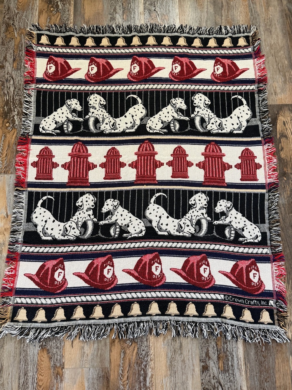 Vintage Crown Crafts Inc Dalmatian Firehouse Woven Tapestry Throw Fringe Blanket